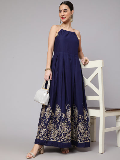 Navy Blue Embroidered Maxi Dress