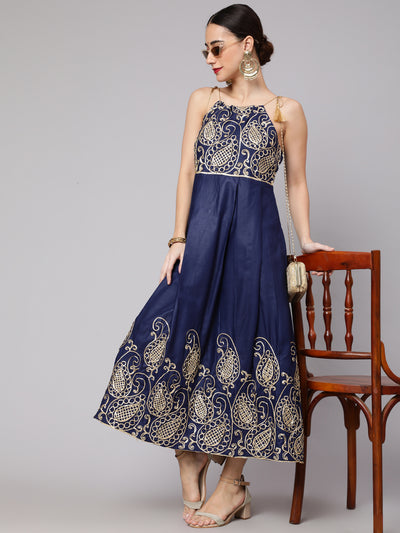 Navy Blue Embroidered Flared Maxi Dress