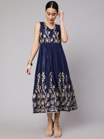 Navy Blue Embroidered Flared Shift Dress