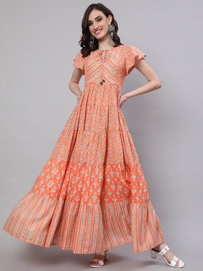 Peach Printed Tiered Maxi Dress