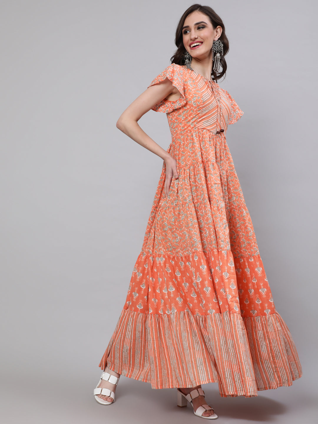Peach Printed Tiered Maxi Dress