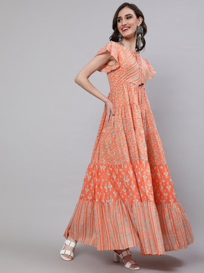Peach Printed Tiered Maxi Dress