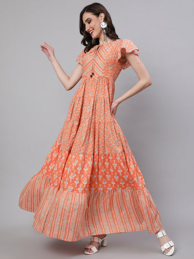 Peach Printed Tiered Maxi Dress