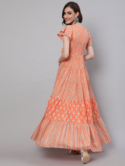 Peach Printed Tiered Maxi Dress