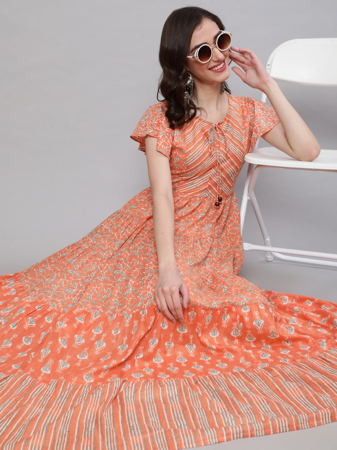 Peach Printed Tiered Maxi Dress