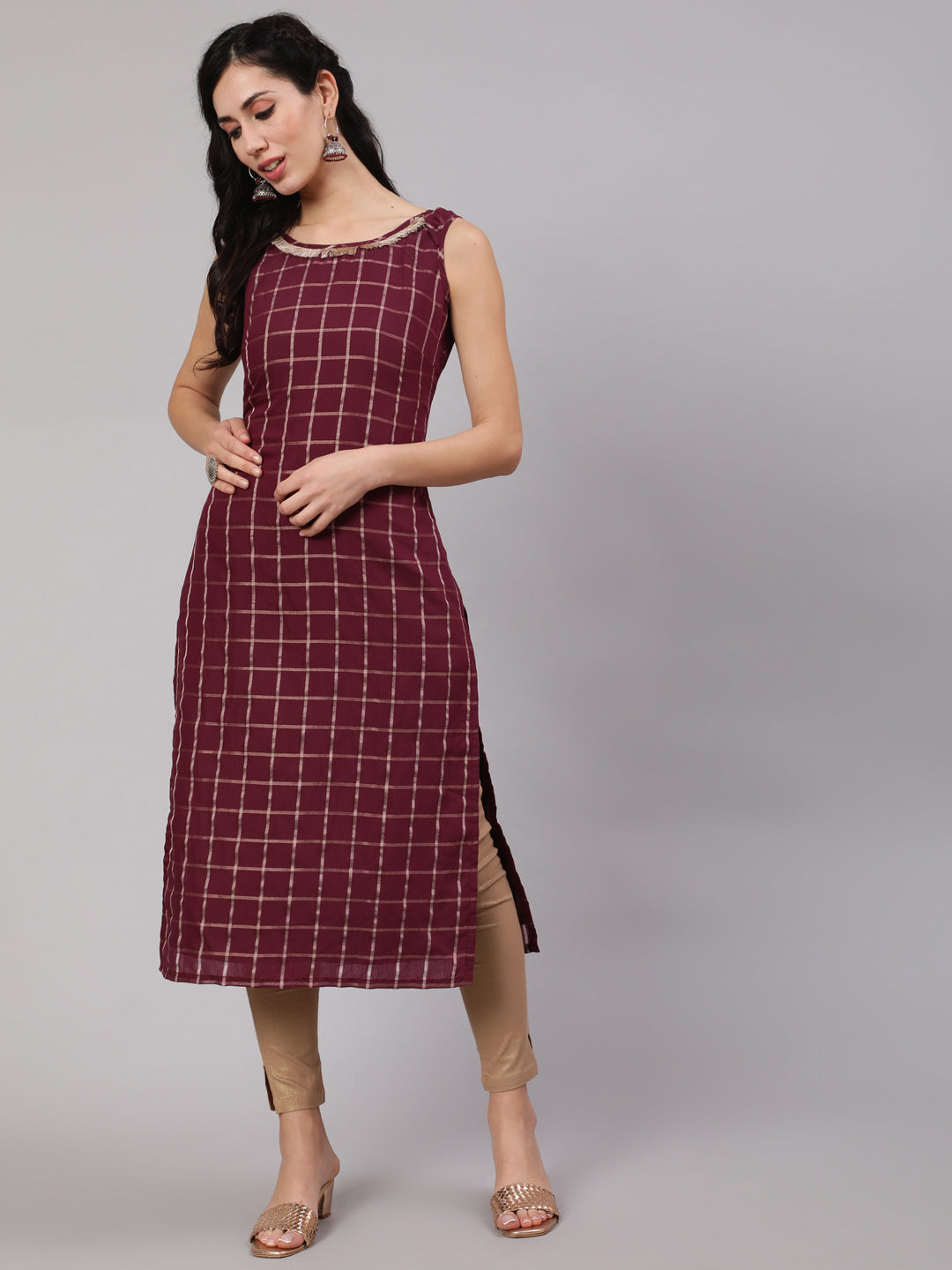 Burgundy Checked Kurta With Lace Details