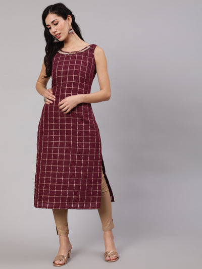 Burgundy Checked Kurta With Lace Details