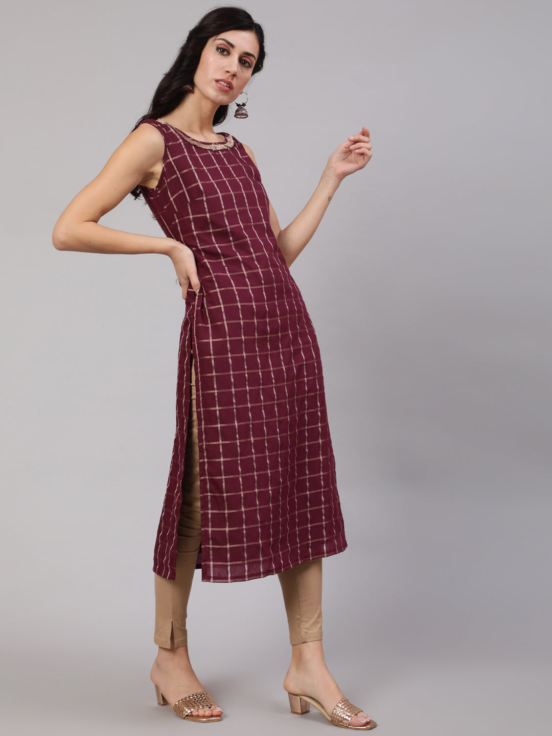 Burgundy Checked Kurta With Lace Details