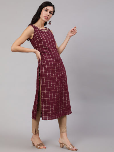 Burgundy Checked Kurta With Lace Details