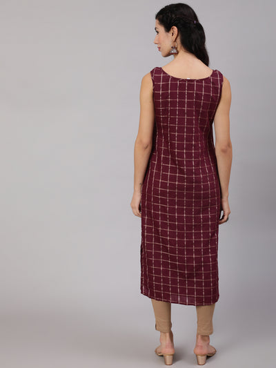 Burgundy Checked Kurta With Lace Details