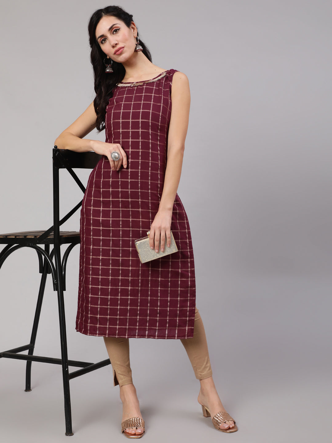 Burgundy Checked Kurta With Lace Details