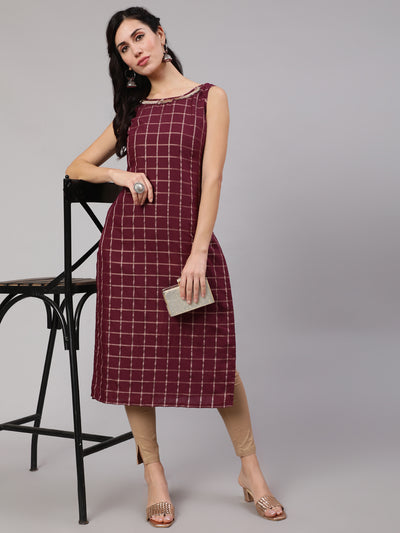 Burgundy Checked Kurta With Lace Details