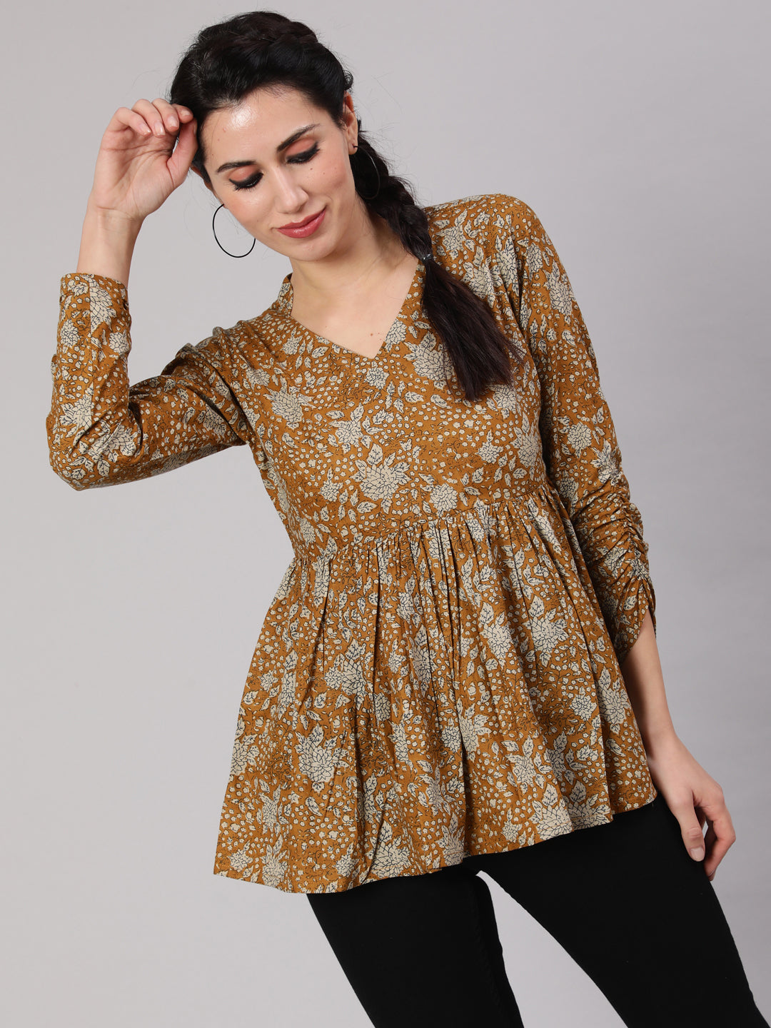 Mustard Floral Printed Gathered Tunic