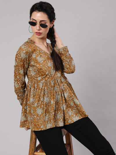 Mustard Floral Printed Gathered Tunic