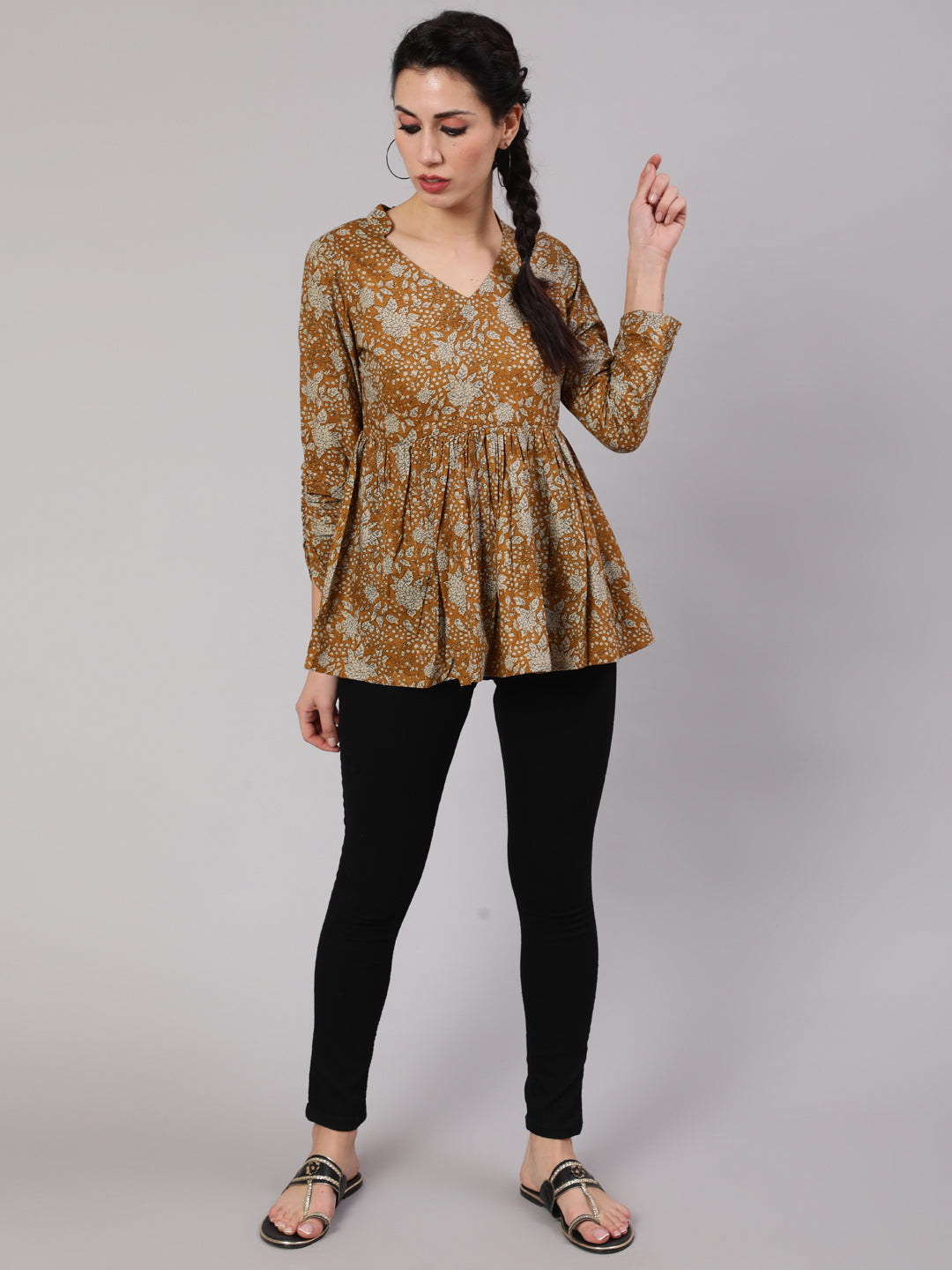 Mustard Floral Printed Gathered Tunic