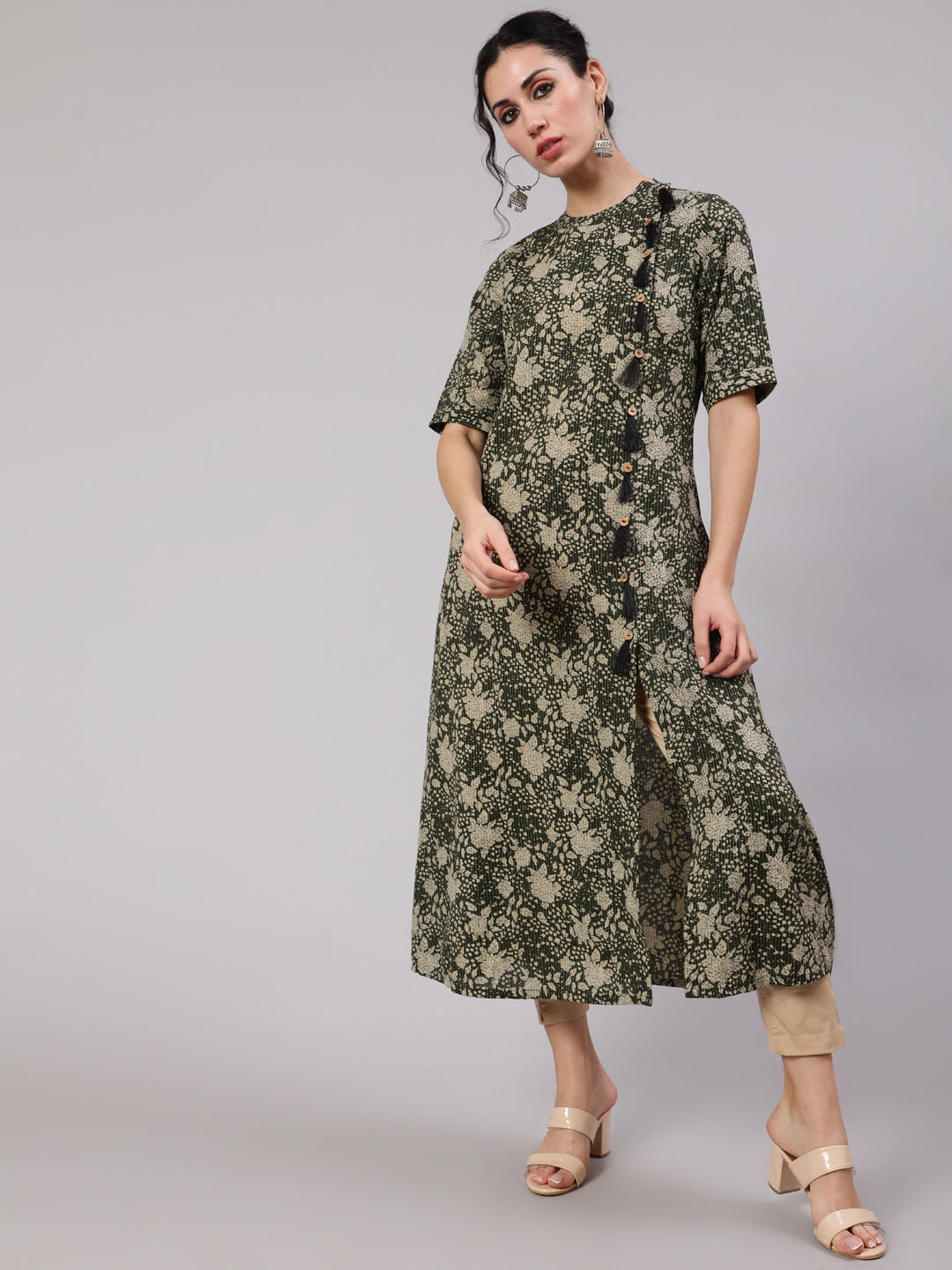 Green Floral Print Kantha Work A-Line Kurta