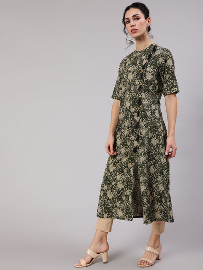 Green Floral Print Kantha Work A-Line Kurta