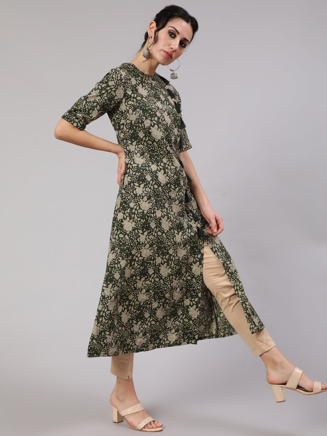 Green Floral Print Kantha Work A-Line Kurta