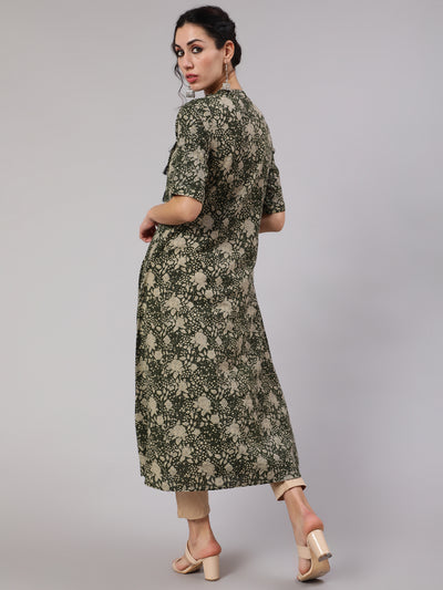 Green Floral Print Kantha Work A-Line Kurta