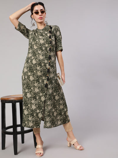 Green Floral Print Kantha Work A-Line Kurta