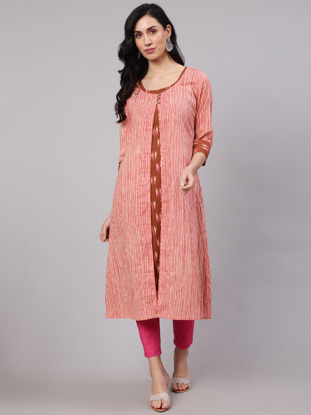Brown Ikat Print Kurta With Striped Jacket