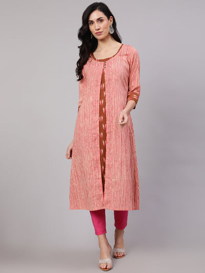 Brown Ikat Print Kurta With Striped Jacket