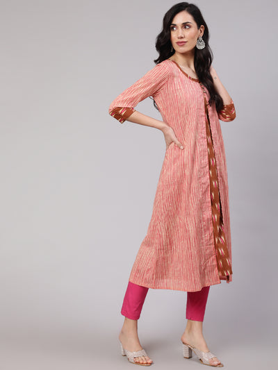 Brown Ikat Print Kurta With Striped Jacket