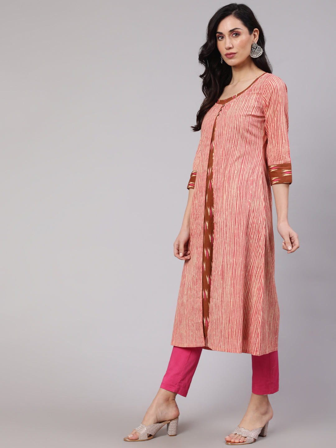 Brown Ikat Print Kurta With Striped Jacket