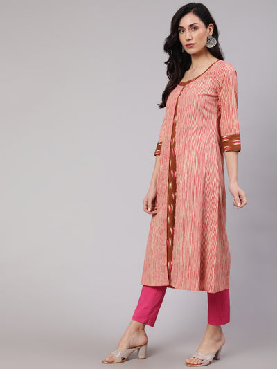Brown Ikat Print Kurta With Striped Jacket
