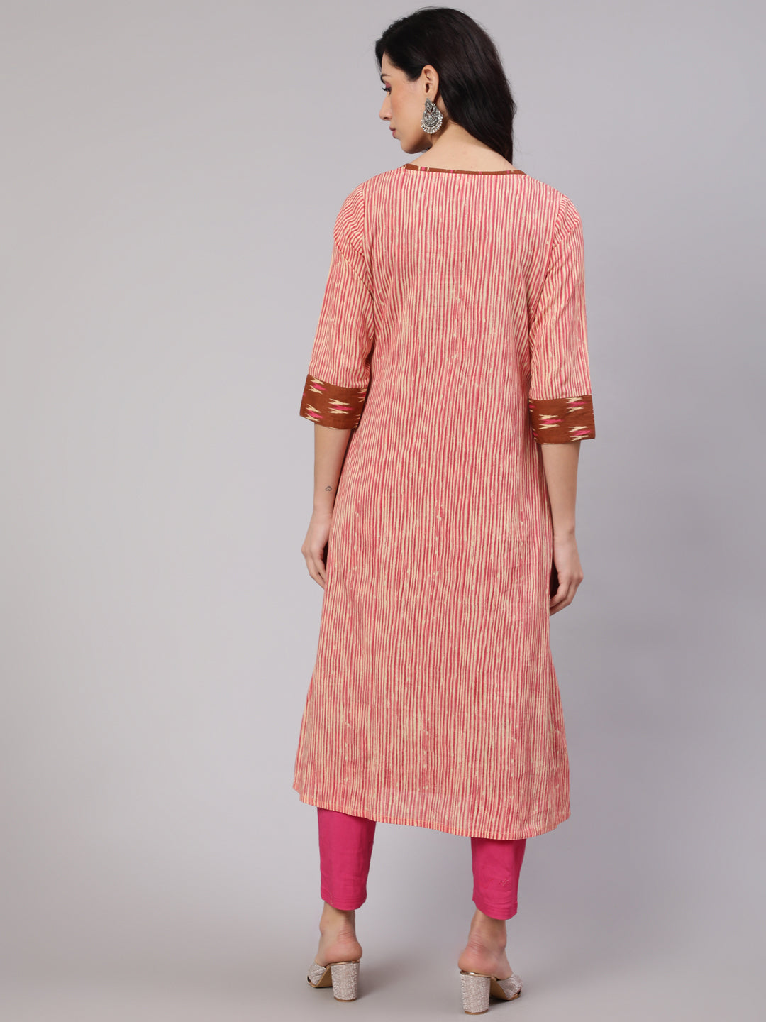 Brown Ikat Print Kurta With Striped Jacket