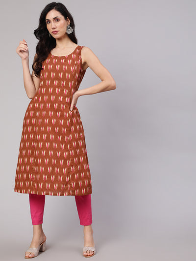 Brown Ikat Print Kurta With Striped Jacket