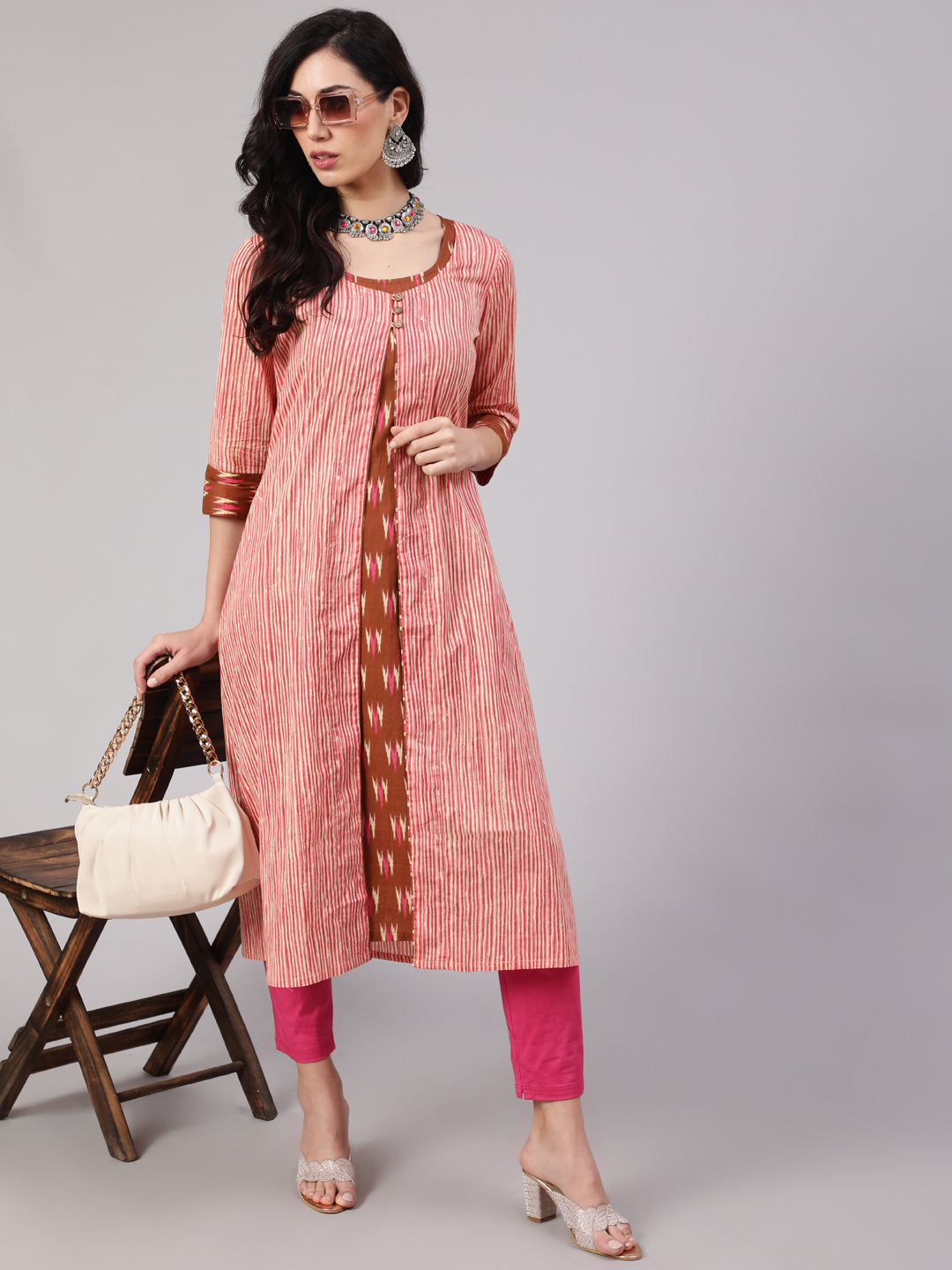 Brown Ikat Print Kurta With Striped Jacket