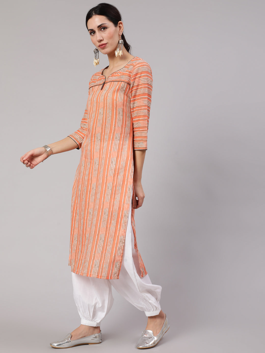 Peach Striped Straight Kurta