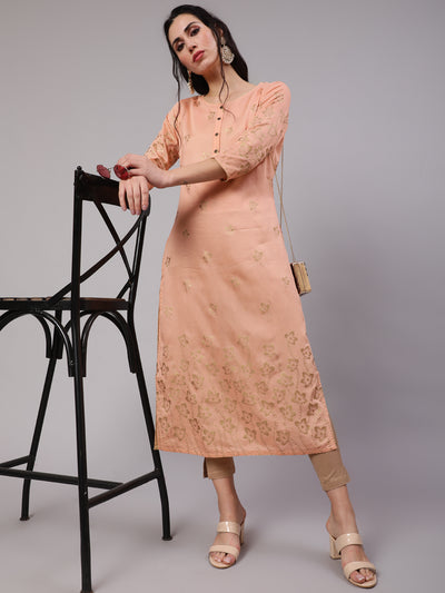 Peach Floral Gold Print Kurta