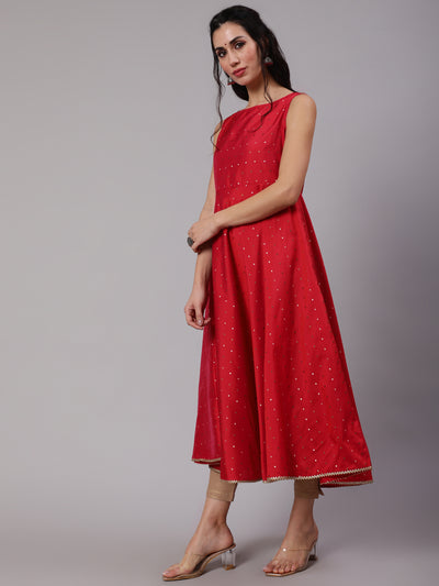 Red Dobby Woven Design Anarkali