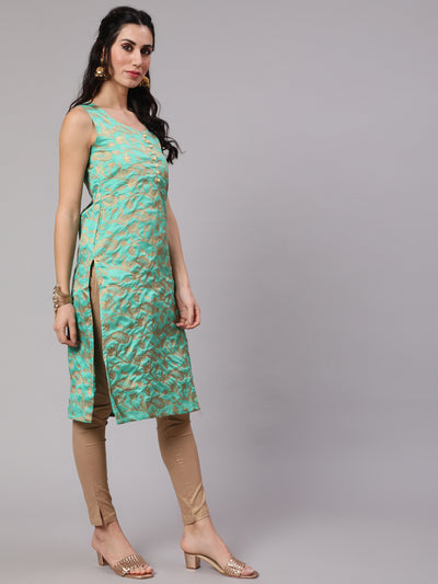 Green Jacquard Zari Work Kurta