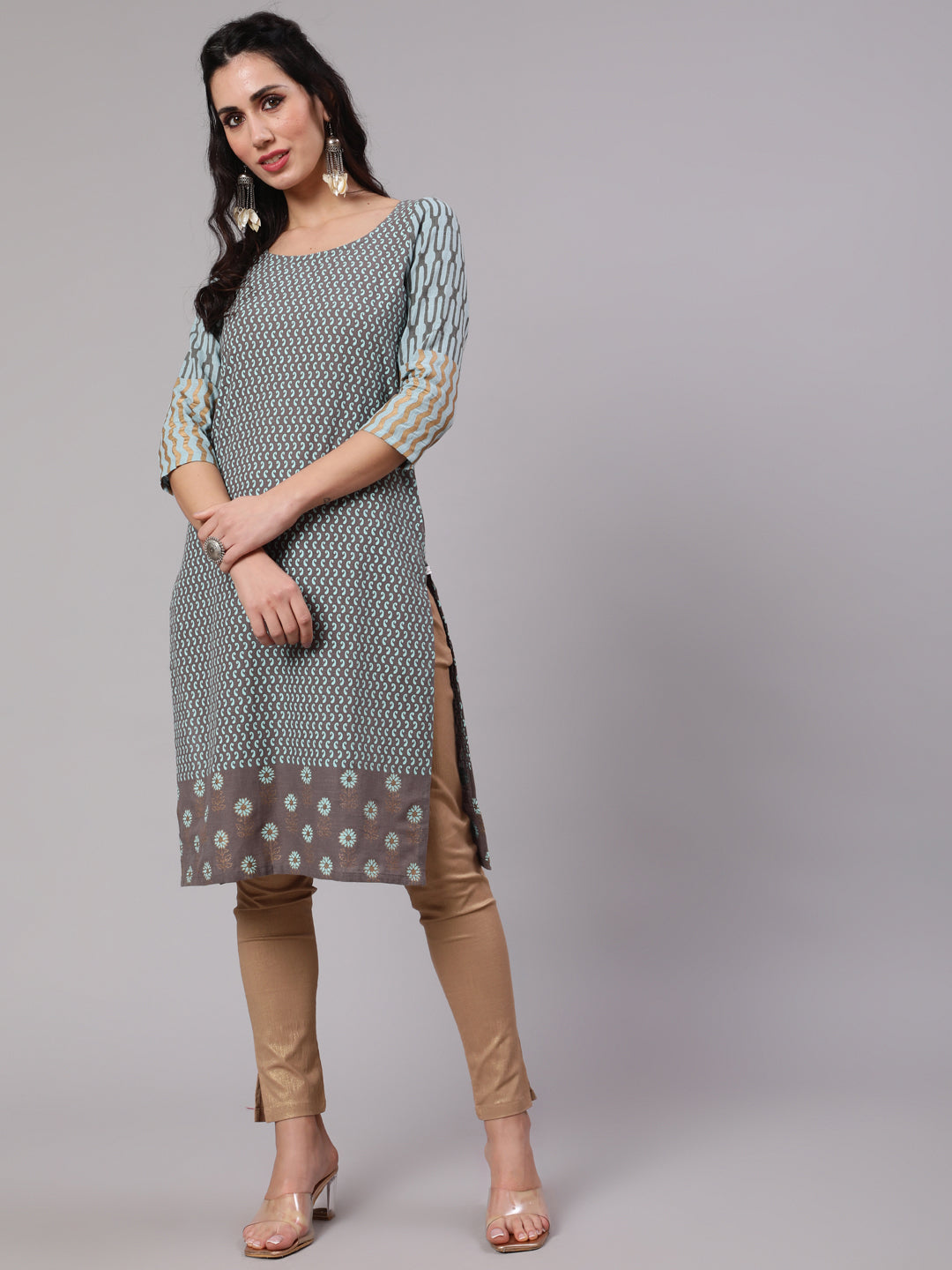 Grey & Blue Printed Kurta