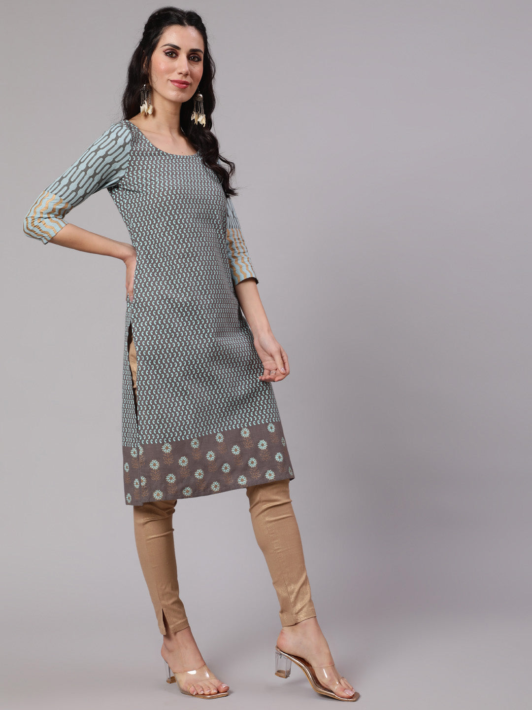 Grey & Blue Printed Kurta