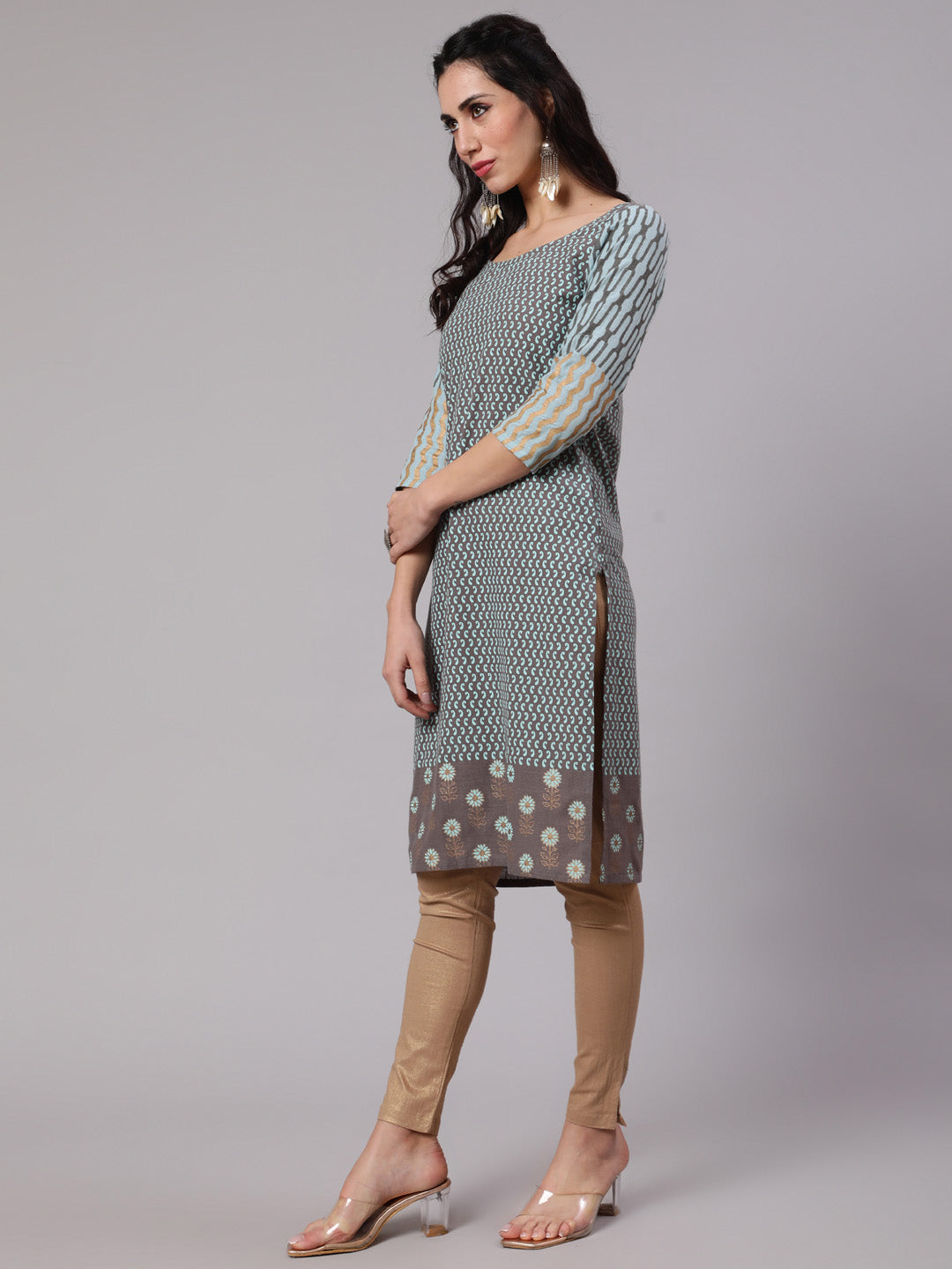 Grey & Blue Printed Kurta