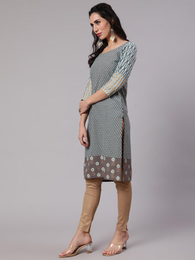 Grey & Blue Printed Kurta