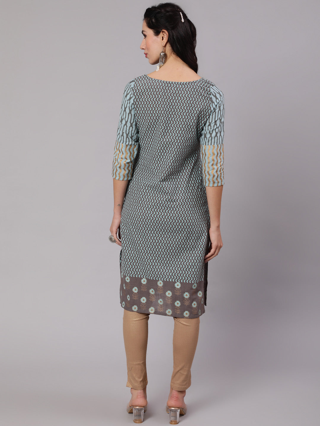 Grey & Blue Printed Kurta