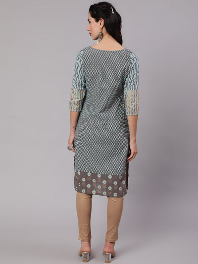 Grey & Blue Printed Kurta