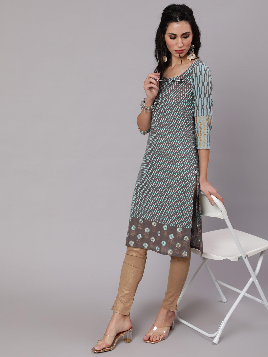 Grey & Blue Printed Kurta