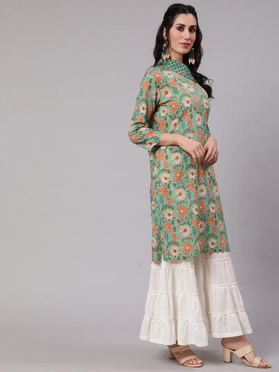 Green Floral Print One Shoulder Kurta