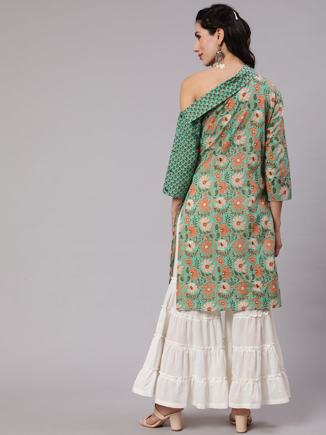 Green Floral Print One Shoulder Kurta