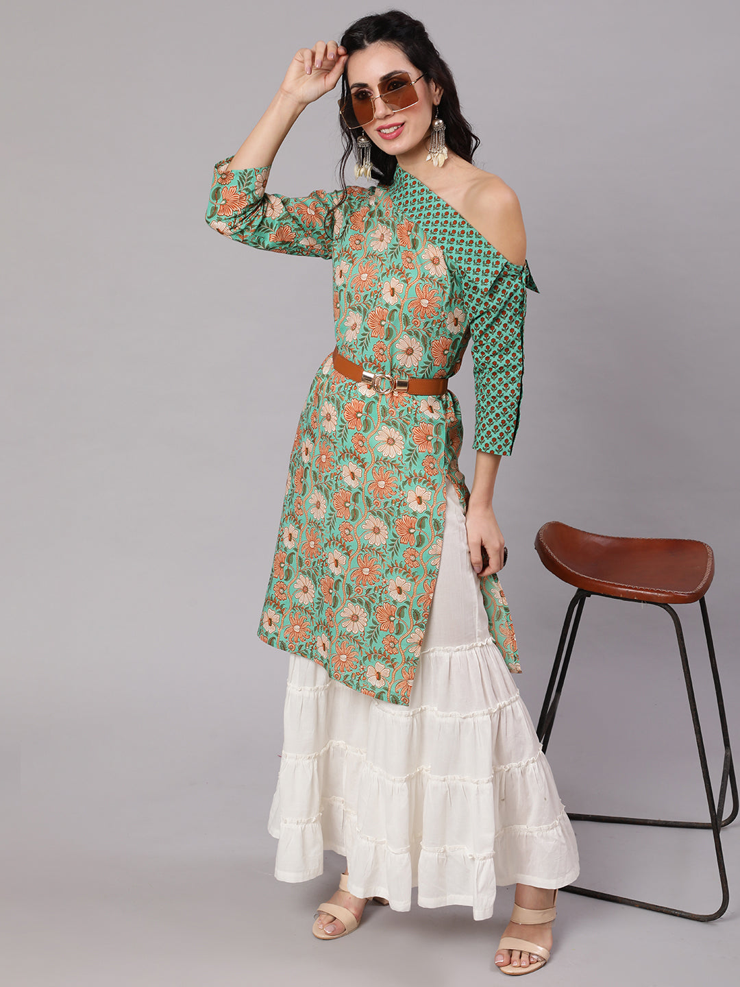 Green Floral Print One Shoulder Kurta