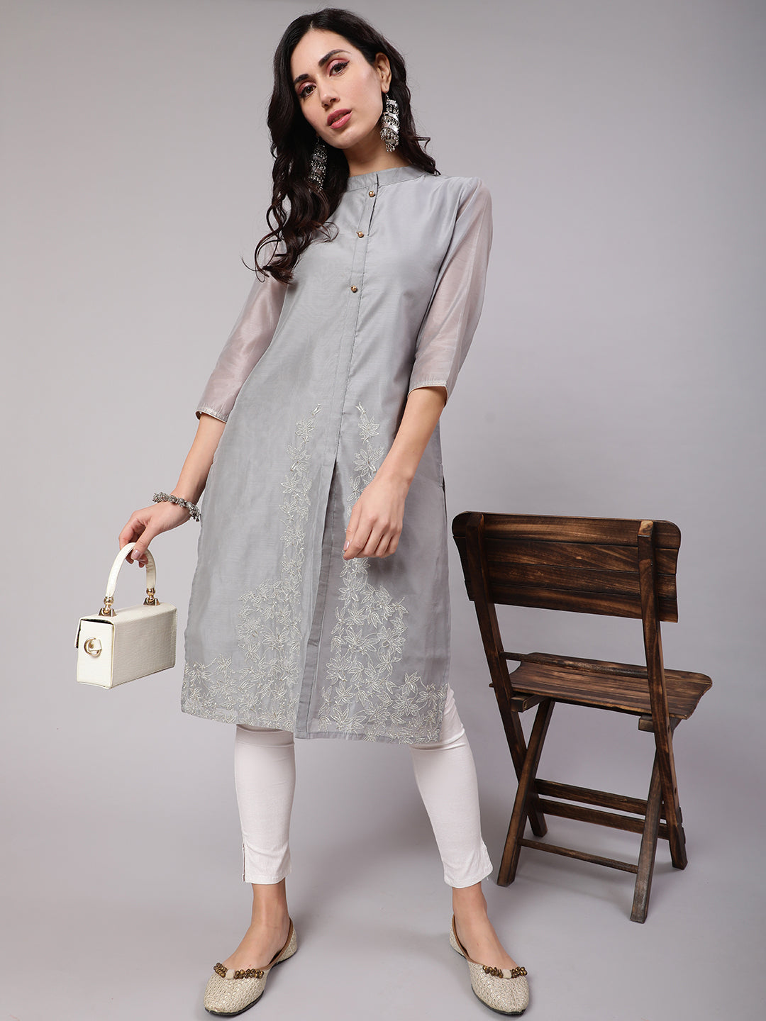 Grey Floral Embroidered Kurta