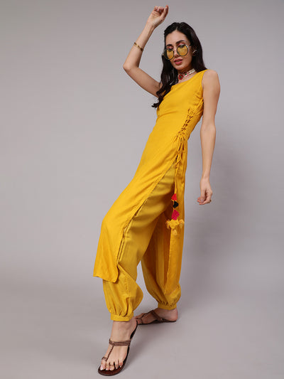 Mustard Rayon Kurta With Side Tassels