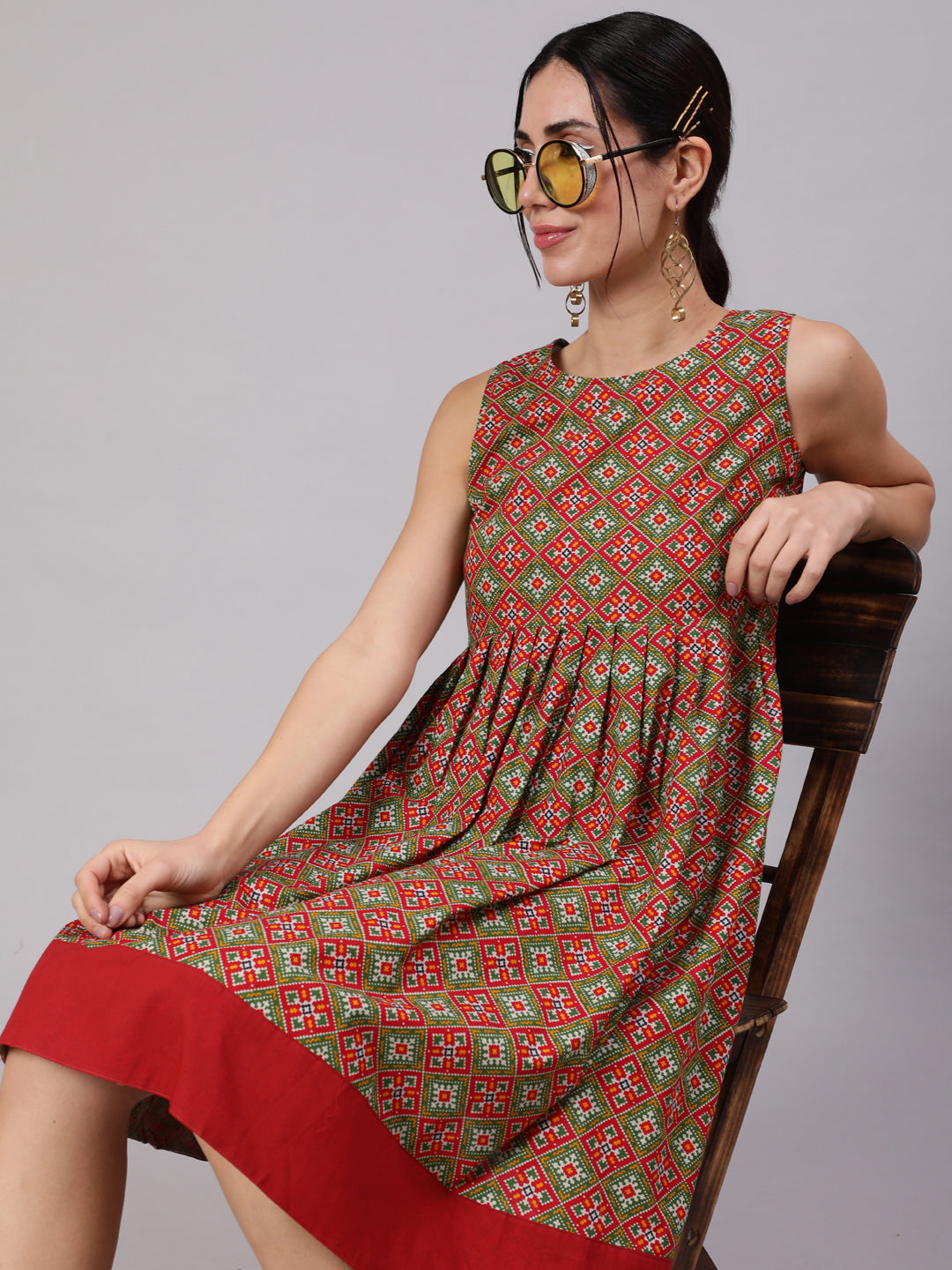 Red & Green Patola Print Pleated Midi Dress