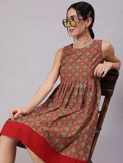 Red & Green Patola Print Pleated Midi Dress